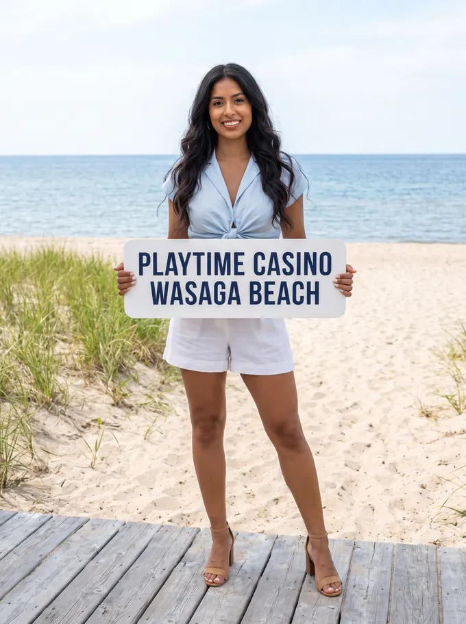 Woman holding a Playtime Casino sign on a beach boardwalk