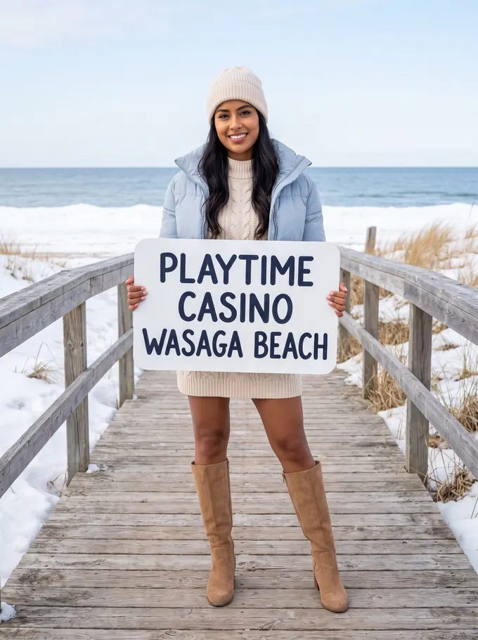 Woman with a casino sign on a snowy boardwalk