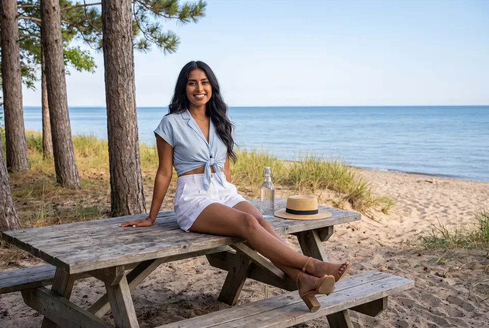 Woman resting at a picnic table by the beach